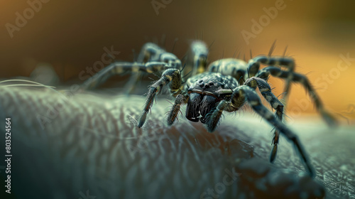A spider seen up close, crawling on an individuals arm in this detailed shot. The spiders movements and the persons reaction are captured in this moment. Generative AI © Soni's