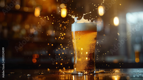 A close-up view of a glass filled with golden beer resting on a wooden table. The glass is clear, showcasing the effervescence and color of the beer. Generative AI