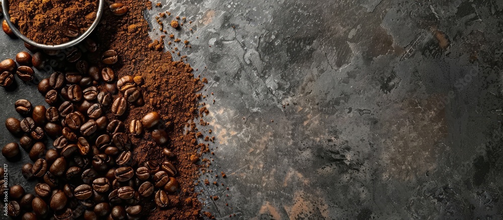 Coffee beans and powdered coffee on a stone surface. View from above with space for text.