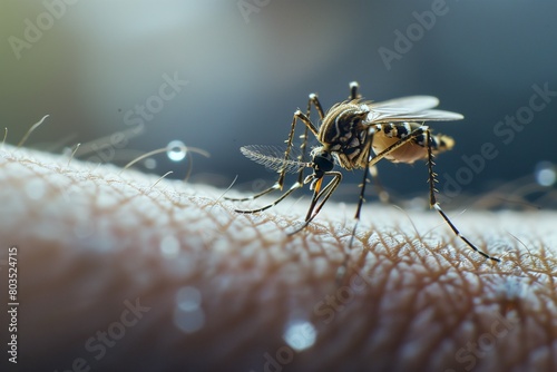 mosquito sucking blood on human skin, close-up. photo
