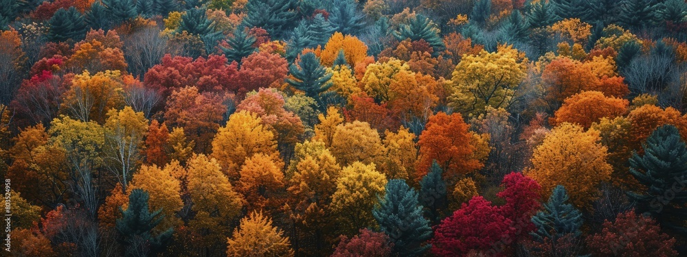High vantage view of a forest in autumn, with trees showing vibrant fall colors, perfect for environmental art prints, forestry education, and seasonal travel promotions.