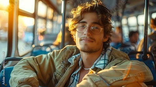 Casual Elegance  Young Man in Sunlit Bus Interior