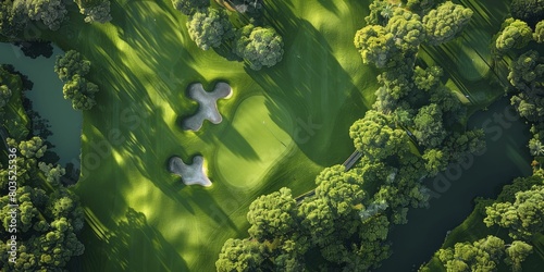 Overhead view of a professional golf tournament in progress, capturing players and landscapes, suitable for sports marketing materials, golf instruction videos, and resort advertisements. photo
