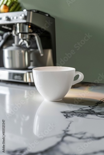 Tranquil Morning Coffee Ritual with Sleek Espresso Machine and Minimal Kitchenware on Marble Countertop