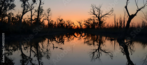 Serene twilight at a delta, capturing the smooth surface of the water and the silhouettes of surrounding trees