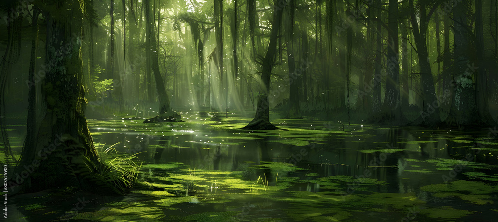 Obraz premium Sunlight filtering through dense swamp trees, casting dappled light on a carpet of floating moss and small, scattered ponds