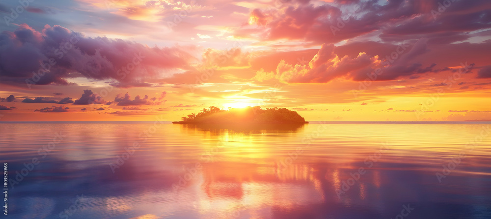 Sunrise over a secluded island, the sky painted in vibrant shades of orange and pink, reflecting on the calm waters below