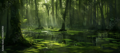 Sunlight filtering through dense swamp trees  casting dappled light on a carpet of floating moss and small  scattered ponds