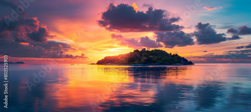 Sunrise over a secluded island, the sky painted in vibrant shades of orange and pink, reflecting on the calm waters below