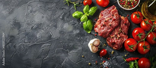 Banner with raw, fresh meat steak served alongside cherry tomatoes, spicy pepper, garlic, oil, and herbs on a dark stone and concrete background.