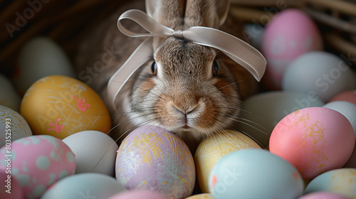 A charming photograph of a lop-eared hare nestled among a cluster of pastel-painted eggs, with delicate ribbons tied around its ears. Love and kindness, care and tenderness, religi photo