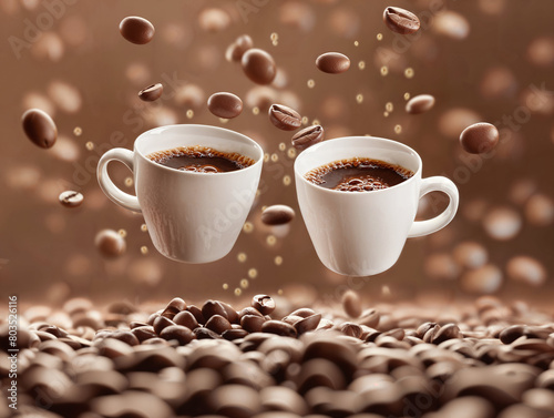 Due tazze di caffè che volano e fluttuano in aria su uno sfondo di caffè in grani e chicchi, immagine pubblicitaria photo