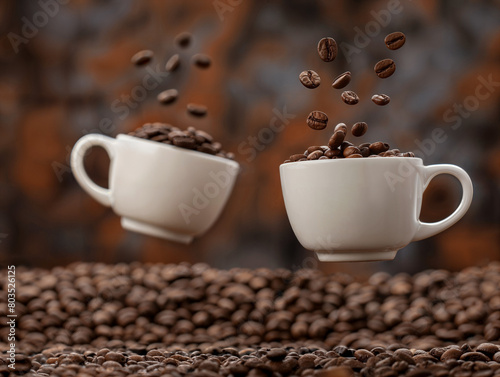 Due tazze di caffè che volano e fluttuano in aria su uno sfondo di caffè in grani e chicchi, immagine pubblicitaria photo