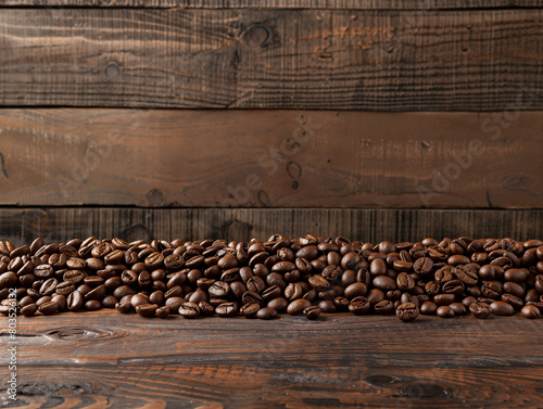 Chicchi di caffè su sfondo di tavole di legno