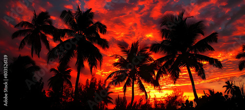 Sunset at an atoll with the sky ablaze in fiery reds and oranges  the silhouettes of palm trees framing the scene  captured with HDR techniques to enhance the contrast and colors