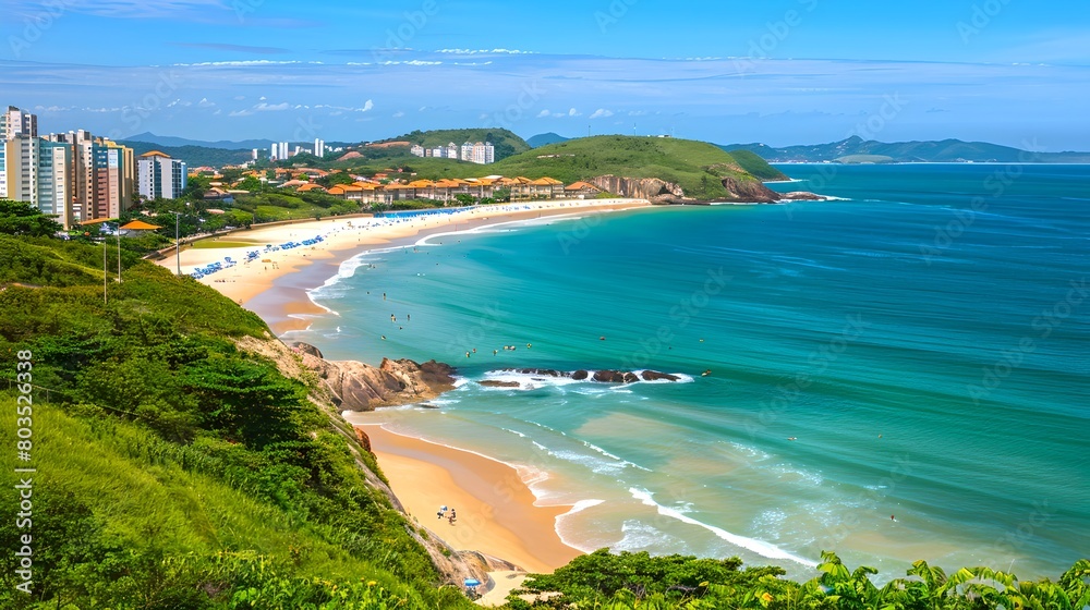 Obraz premium Tropical Beach Panorama with Vibrant Blue Sea, Lush Greenery, and Urban Skyline. Perfect for Travel and Postcards. Coastal Serenity Captured. AI