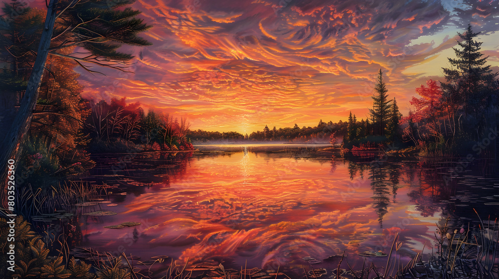 Sunset over a tranquil forest lake, the sky painted in vibrant oranges and pinks, casting reflections on the glass-like surface of the water