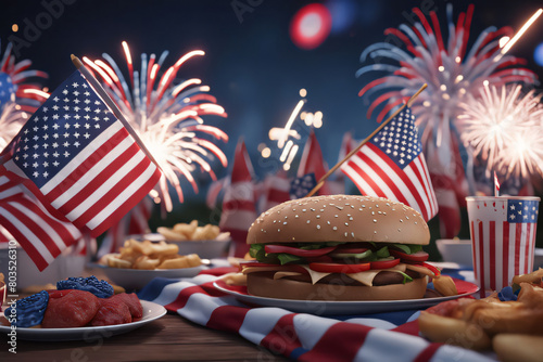 Happy 4th of July celebration, Independence Day, American day, Flag, candles, hamburgher and french fries on a table, fireworks USA, junk food, red white blue white stars photo