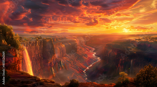 Sunset over a vast gorge with a viewpoint showing a river turning into a waterfall, the water reflecting the fiery sky above photo