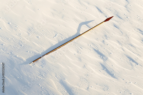 A javelin mid-flight, casting a shadow against the stark white ground.