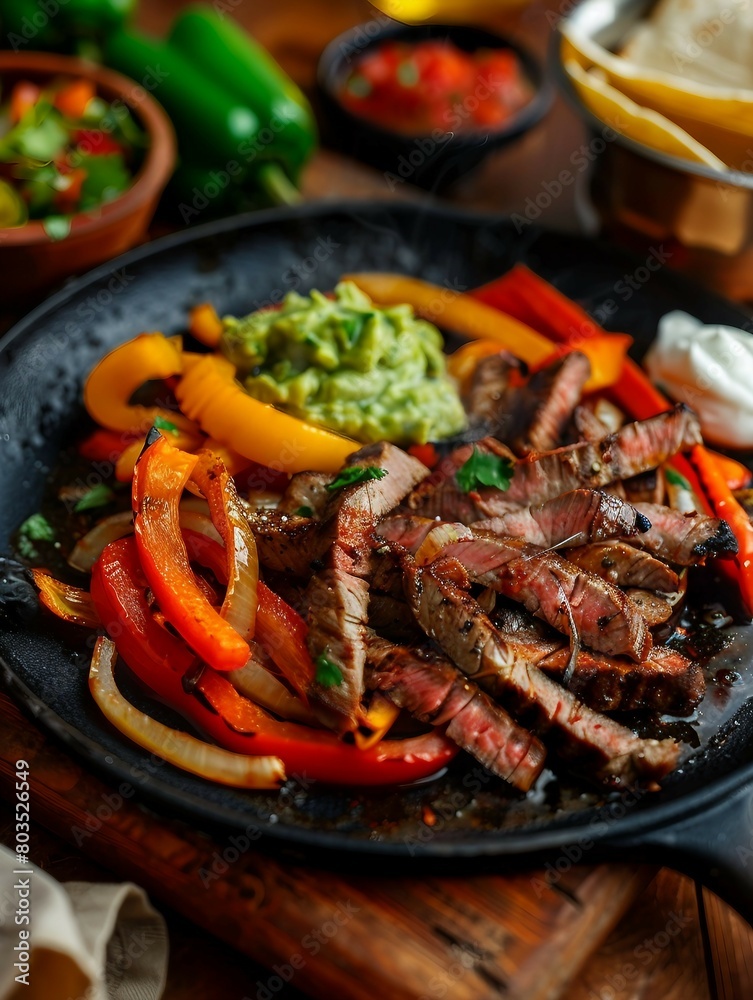A close-up of a hot fajita skillet filled with sliced steak, bell peppers, and onions, accompanied by guacamole, sour cream, and salsa. A close-up of a hot fajita skillet filled with sliced steak, bell peppers, and onions, accompanied by guacamole, sour cream, and salsa.