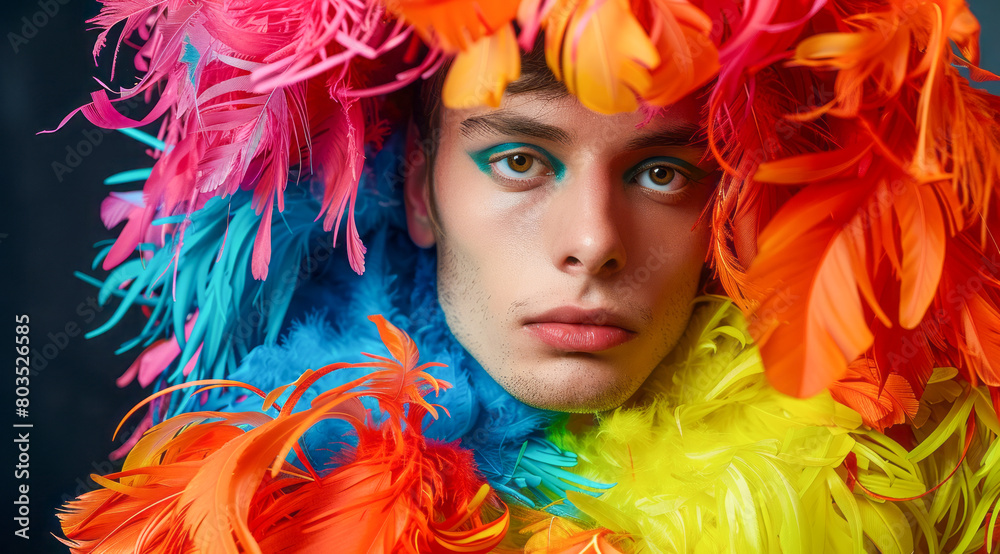 A transgender LGBTQ man wearing a colorful feathery costume with blue, yellow, and red feathers