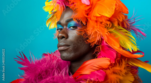 A transgender LGBTQ man wearing a colorful feathery costume with blue, yellow, and red feathers photo