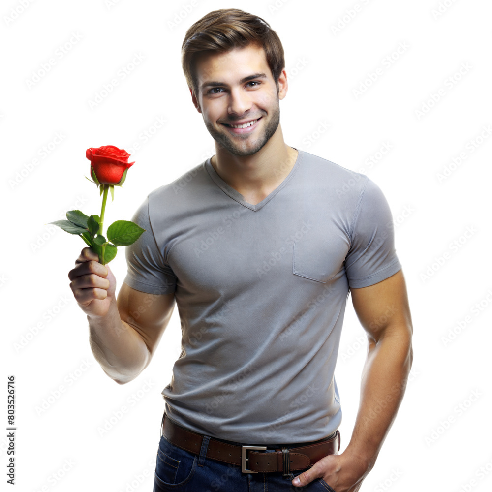Smiling Young Man Holding a Single Red Rose With a Transparent Background Smiling Young Man Holding a Single Red Rose With a Transparent Background