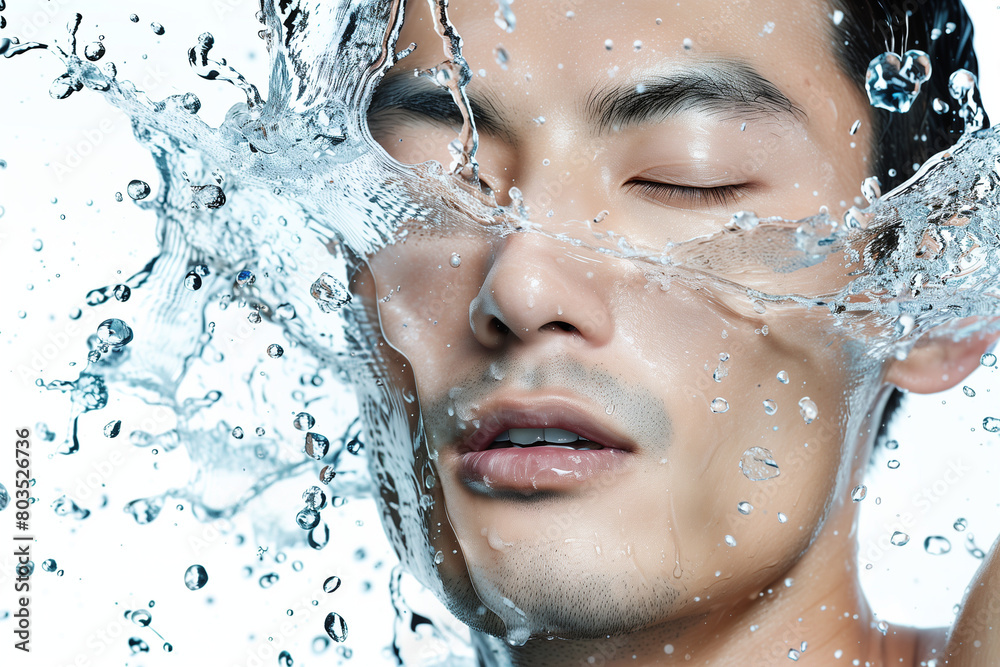 水を浴びるアジア人男性、メンズビューティー