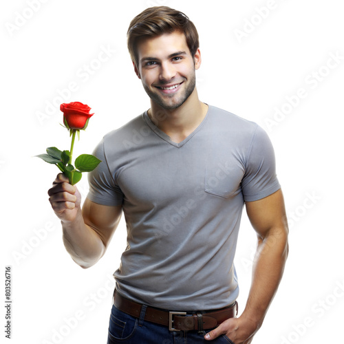 Smiling Young Man Holding a Single Red Rose With a Transparent Background