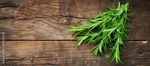 Tarragon placed neatly on a wooden surface, top view. Room for adding text