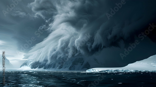 The dramatic contrast of a dark Antarctic storm cloud looming over a bright, snow-covered landscape, captured in high definition