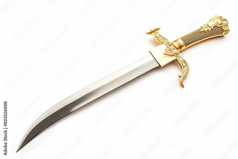 A majestic, double-edged sword with a gold-plated handle, isolated on solid white background. A majestic, double-edged sword with a gold-plated handle, isolated on solid white background.