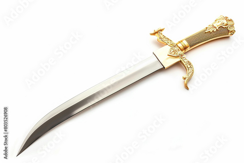 A majestic, double-edged sword with a gold-plated handle, isolated on solid white background.