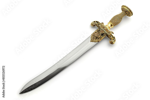 A majestic, ornamental saber with a gilded basket hilt, isolated on solid white background.