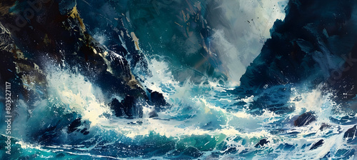 The fierce spray of the ocean as waves crash against rugged cliffs, captured in high detail, showcasing the power and beauty of nature photo