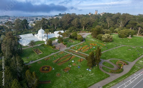 Photography Conservatory of flowers and people picnicing in the Golden Gate Park, San Francisco, California, United States of America