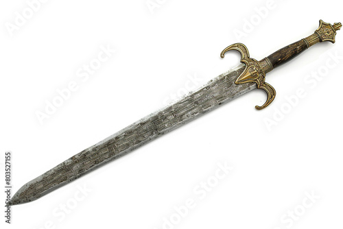 A majestic sword with an ornate hilt, isolated on a solid white background.