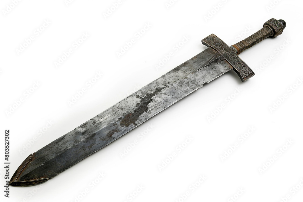 A massive, intimidating zweih??nder sword with a blackened steel blade, isolated on solid white background. A massive, intimidating zweih??nder sword with a blackened steel blade, isolated on solid white background.