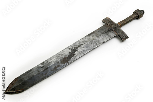 A massive, intimidating zweih??nder sword with a blackened steel blade, isolated on solid white background. photo