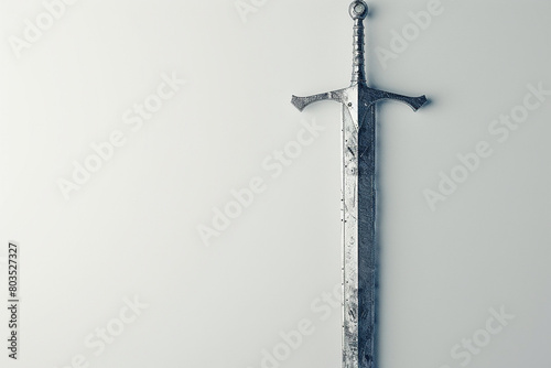 A medieval arming sword with a simple crossguard, standing on a solid white backdrop.