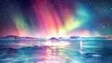 The Northern Lights swirling vibrantly over a snowy tundra, reflecting a spectrum of colors on the icy surface below