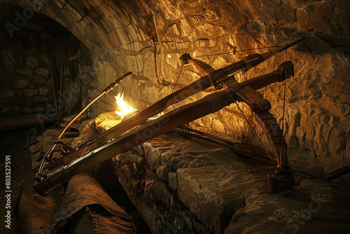 A medieval crossbow, its steel prod gleaming in the torchlight. photo