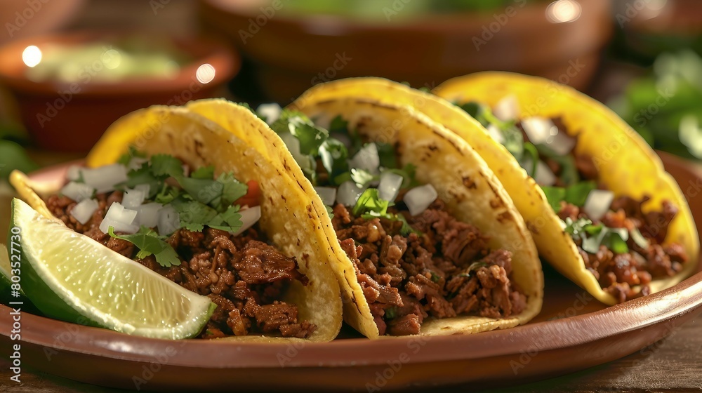 Three tacos with ground beef, onions, cilantro, and lime wedges on a brown plate. Three tacos with ground beef, onions, cilantro, and lime wedges on a brown plate.