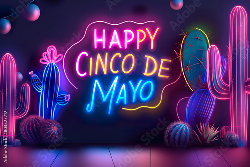 Celebration Happy Cinco de Mayo, text in colored neon