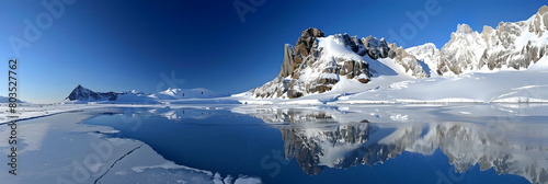 The serene beauty of a frozen lake in Antarctica  its surface perfectly reflecting the surrounding snow-covered mountains and clear blue sky