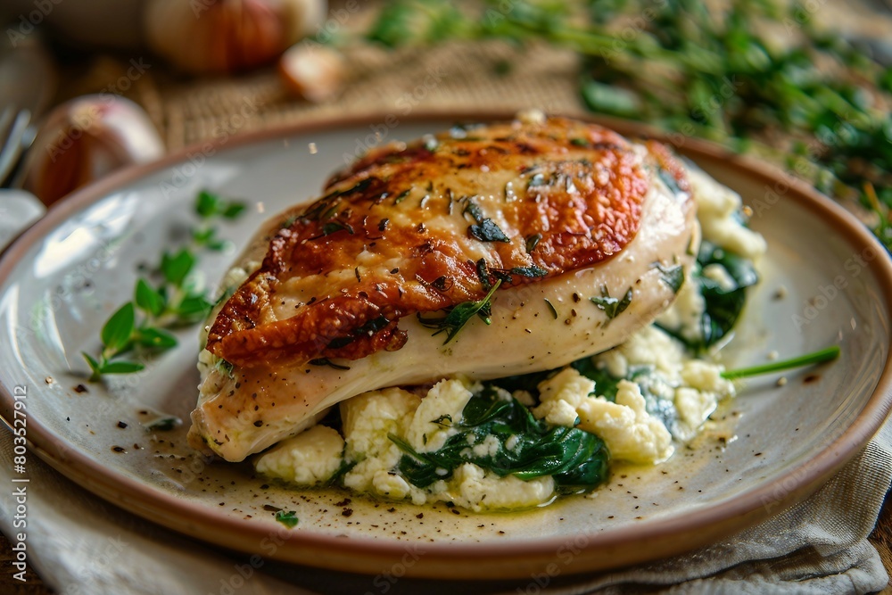 A mouthwatering image of a perfectly cooked chicken breast stuffed with a savory mixture of feta cheese and spinach. A mouthwatering image of a perfectly cooked chicken breast stuffed with a savory mixture of feta cheese and spinach.
