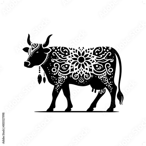 Cow silhouette in bohemian, boho, nature illustration