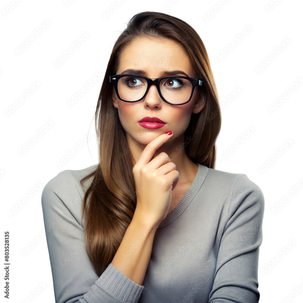 Thoughtful Young Woman With Glasses Posing on a Transparent Background Thoughtful Young Woman With Glasses Posing on a Transparent Background