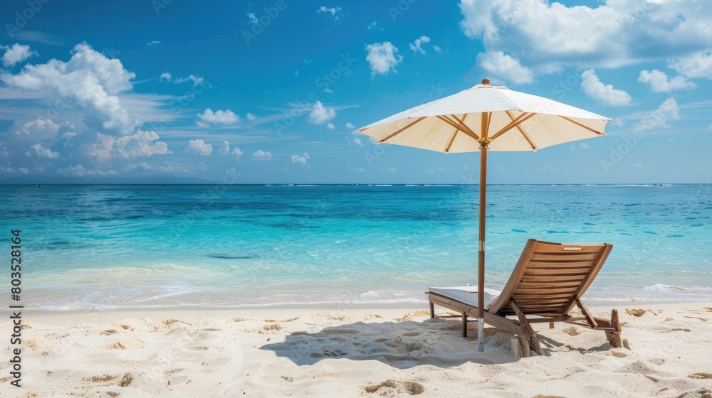 A chair and an umbrella provide shade on the sandy beach, with the azure sky reflecting in the crystal clear water of the oceanic coastal landforms AIG50